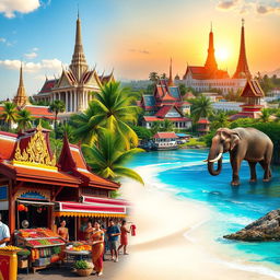 A vibrant and colorful collage of Thailand, featuring iconic landmarks such as the Grand Palace and Wat Arun with intricate architectural details, lush tropical landscapes with palm trees, bustling street markets filled with exotic fruits and local street food, traditional Thai elements like ornate temples and elephants, clear blue skies, and a warm sunset casting golden hues over the scene