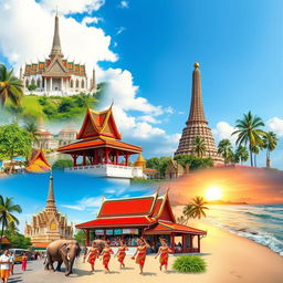 A vibrant and colorful collage of Thailand, featuring iconic landmarks such as the Grand Palace and Wat Arun with intricate architectural details, lush tropical landscapes with palm trees, bustling street markets filled with exotic fruits and local street food, traditional Thai elements like ornate temples and elephants, clear blue skies, and a warm sunset casting golden hues over the scene