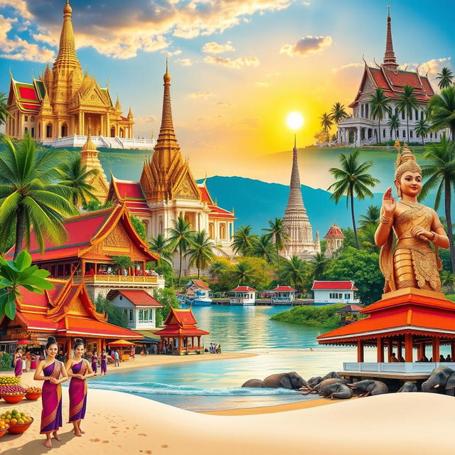 A vibrant and colorful collage of Thailand, featuring iconic landmarks such as the Grand Palace and Wat Arun with intricate architectural details, lush tropical landscapes with palm trees, bustling street markets filled with exotic fruits and local street food, traditional Thai elements like ornate temples and elephants, clear blue skies, and a warm sunset casting golden hues over the scene