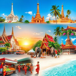 A vibrant and colorful collage of Thailand, featuring iconic landmarks such as the Grand Palace and Wat Arun with intricate architectural details, lush tropical landscapes with palm trees, bustling street markets filled with exotic fruits and local street food, traditional Thai elements like ornate temples and elephants, clear blue skies, and a warm sunset casting golden hues over the scene
