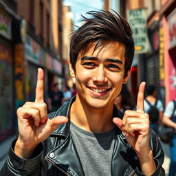 A close-up portrait of a stylish young adult in a vibrant urban setting