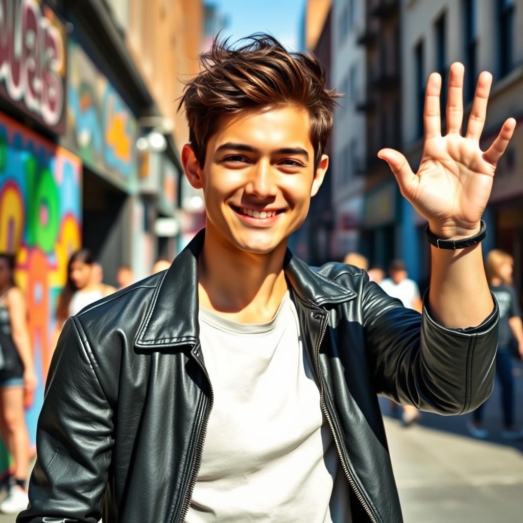 A close-up portrait of a stylish young adult in a vibrant urban setting