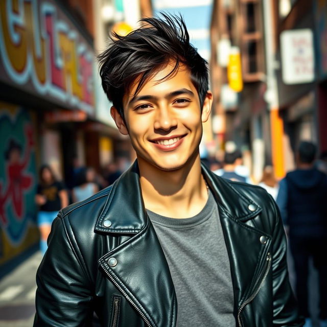 A close-up portrait of a stylish young adult in a vibrant urban setting