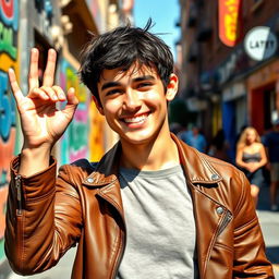A close-up portrait of a stylish young adult in a vibrant urban setting