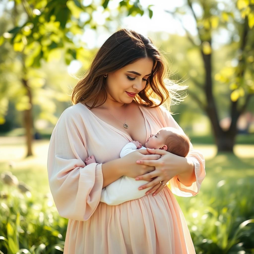 A serene and intimate scene of a beautiful, confident woman with a curvy figure lovingly breastfeeding her baby outdoors in a sunny park