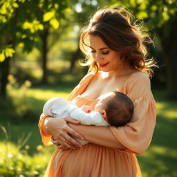 A serene and intimate scene of a beautiful, confident woman with a curvy figure lovingly breastfeeding her baby outdoors in a sunny park