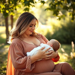 A serene and intimate scene of a beautiful, confident woman with a curvy figure lovingly breastfeeding her baby outdoors in a sunny park