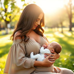 A serene and intimate scene of a beautiful, confident woman with a curvy figure lovingly breastfeeding her baby outdoors in a sunny park