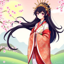 A character inspired by the goddess Amaterasu, depicted with elaborate traditional Japanese clothing featuring vibrant colors such as red and white