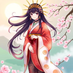 A character inspired by the goddess Amaterasu, depicted with elaborate traditional Japanese clothing featuring vibrant colors such as red and white