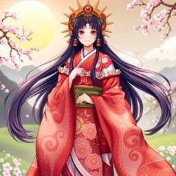 A character inspired by the goddess Amaterasu, depicted with elaborate traditional Japanese clothing featuring vibrant colors such as red and white