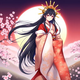 A character inspired by the goddess Amaterasu, depicted with elaborate traditional Japanese clothing featuring vibrant colors such as red and white