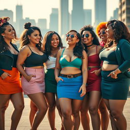 A group of stylish, confident women with voluptuous figures wearing fashionable mini skirts, standing together in an urban setting