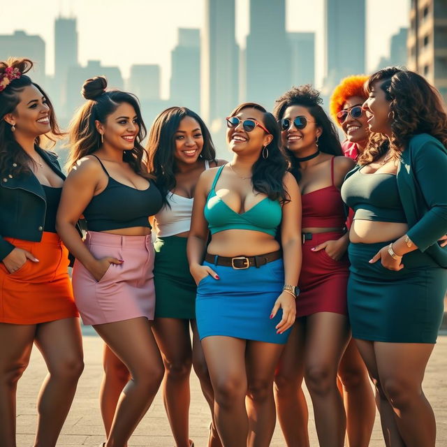 A group of stylish, confident women with voluptuous figures wearing fashionable mini skirts, standing together in an urban setting