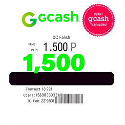 A stylized digital receipt for a GCash transaction, showing a transfer of 1,500 PHP