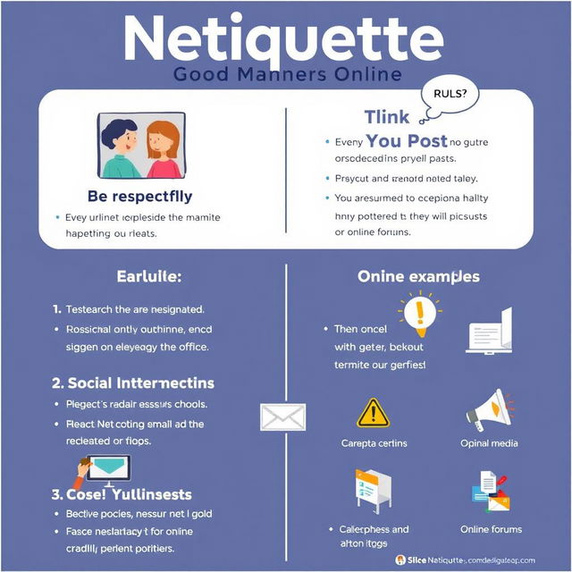 A visually engaging poster illustrating the Netiquette rules with clear examples