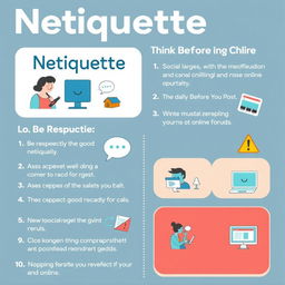 A visually engaging poster illustrating the Netiquette rules with clear examples