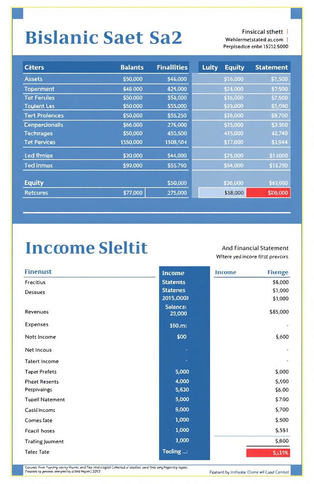 A detailed financial statement featuring a balance sheet and income statement