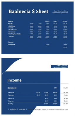 A detailed financial statement featuring a balance sheet and income statement