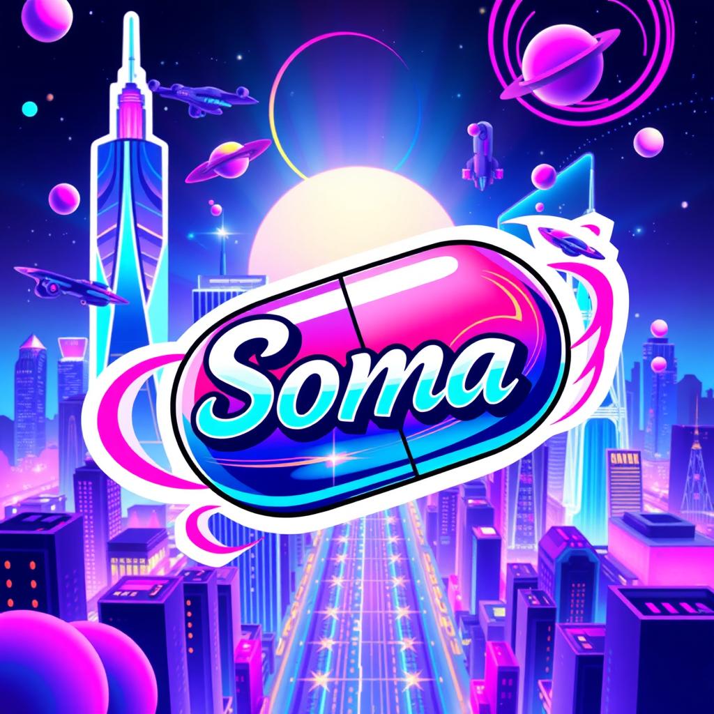 A vibrant and colorful sticker design for a fictional pill called 'Soma', vividly depicting a futuristic city skyline in the background