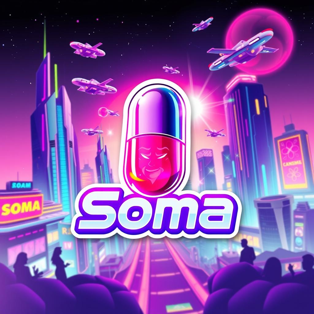 A vibrant and futuristic sticker design for a pill called 'Soma', featuring sleek, modern elements and a glowing, neon color palette