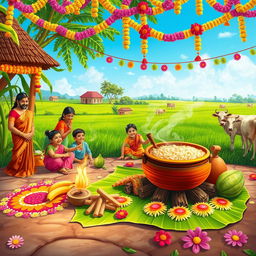 A vibrant and festive Pongal celebration scene showcasing a beautiful traditional Tamil village