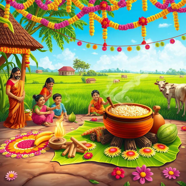 A vibrant and festive Pongal celebration scene showcasing a beautiful traditional Tamil village