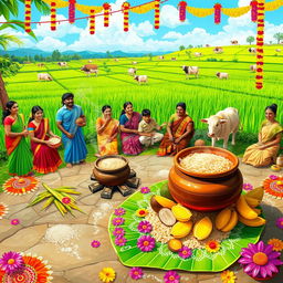 A vibrant and festive Pongal celebration scene showcasing a beautiful traditional Tamil village