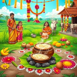 A vibrant and festive Pongal celebration scene showcasing a beautiful traditional Tamil village