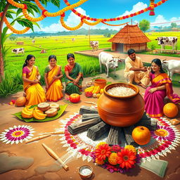 A vibrant and festive Pongal celebration scene showcasing a beautiful traditional Tamil village