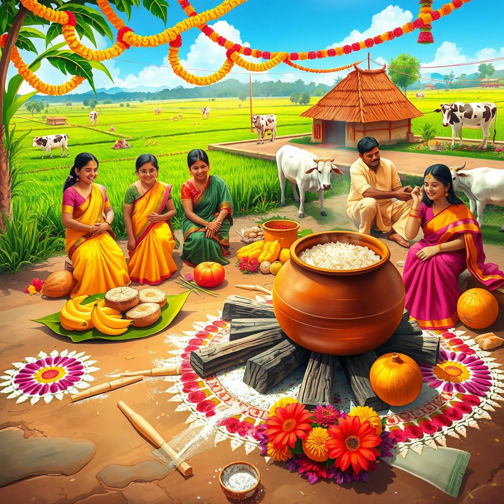 A vibrant and festive Pongal celebration scene showcasing a beautiful traditional Tamil village