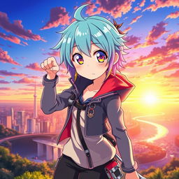An anime-style illustration inspired by the original photograph, featuring a character with bright anime-style hair, large expressive eyes, and a dynamic pose