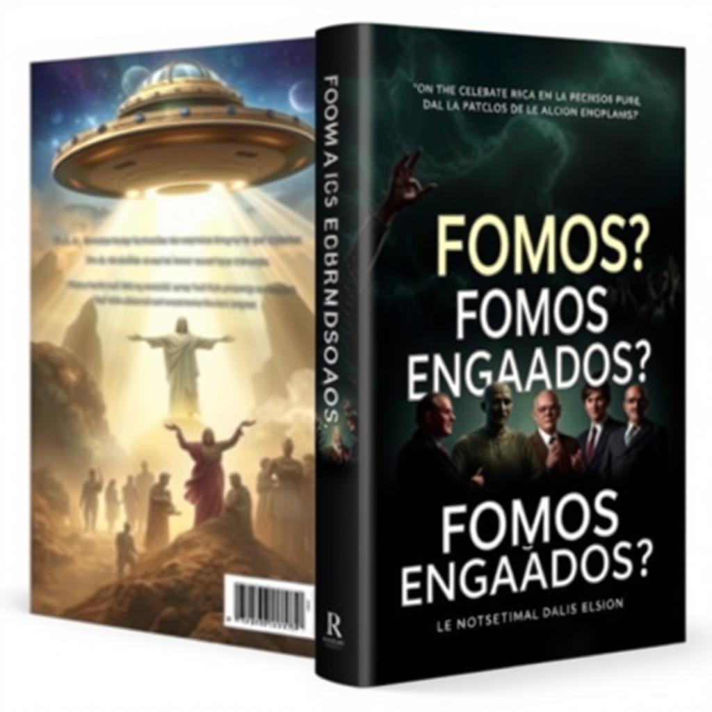 A captivating book cover design for the title 'Fomos Enganados?' featuring celestial beings like the Anunnaki in ancient astronaut style, alongside Nephilim, represented as towering figures with an aura of mystery