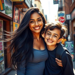 A stunningly attractive Indian woman with fair skin, featuring long flowing black hair and expressive brown eyes, wearing a fashionable, form-fitting outfit that highlights her beauty