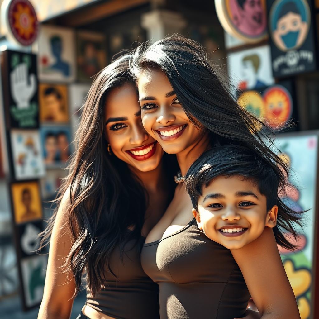 A stunningly attractive Indian woman with fair skin, featuring long flowing black hair and expressive brown eyes, wearing a fashionable, form-fitting outfit that highlights her beauty