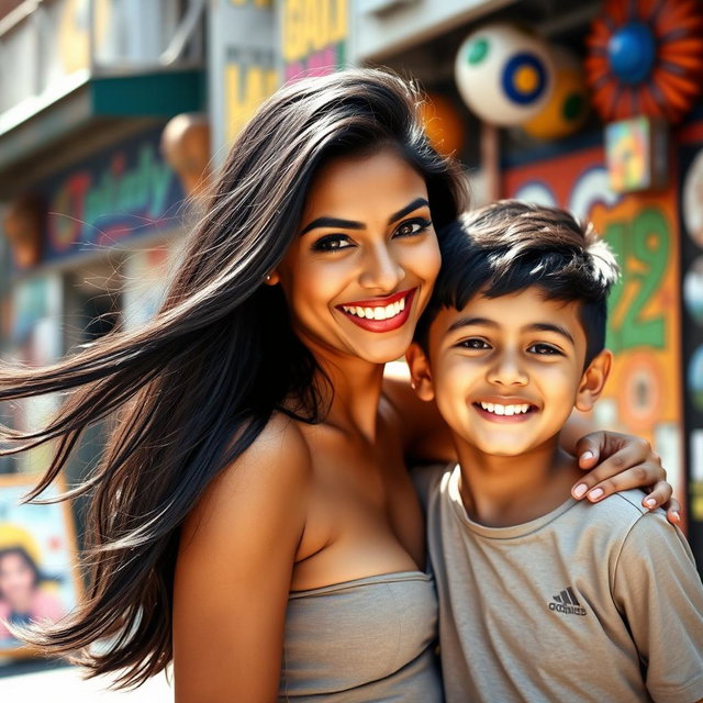 A stunningly attractive Indian woman with fair skin, featuring long flowing black hair and expressive brown eyes, wearing a fashionable, form-fitting outfit that highlights her beauty