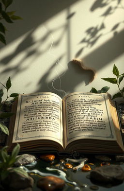 A serene and atmospheric representation of 'Aksara Tanpa Suara' (Silent Script), featuring an open ancient book with beautifully illustrated letters and symbols