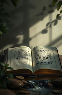 A serene and atmospheric representation of 'Aksara Tanpa Suara' (Silent Script), featuring an open ancient book with beautifully illustrated letters and symbols