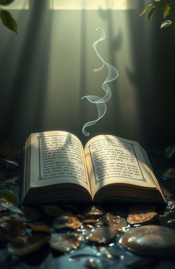 A serene and atmospheric representation of 'Aksara Tanpa Suara' (Silent Script), featuring an open ancient book with beautifully illustrated letters and symbols
