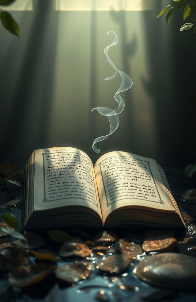 A serene and atmospheric representation of 'Aksara Tanpa Suara' (Silent Script), featuring an open ancient book with beautifully illustrated letters and symbols