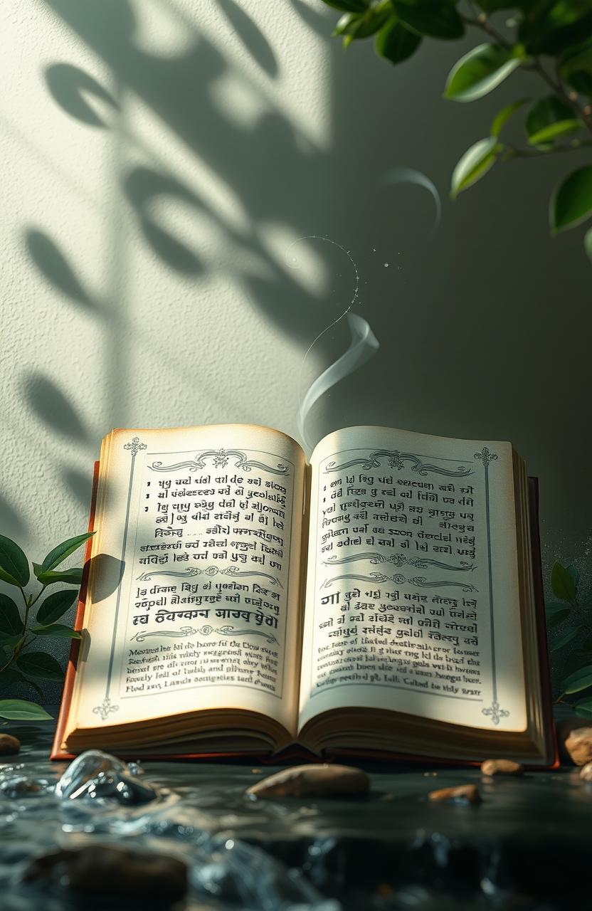 A serene and atmospheric representation of 'Aksara Tanpa Suara' (Silent Script), featuring an open ancient book with beautifully illustrated letters and symbols