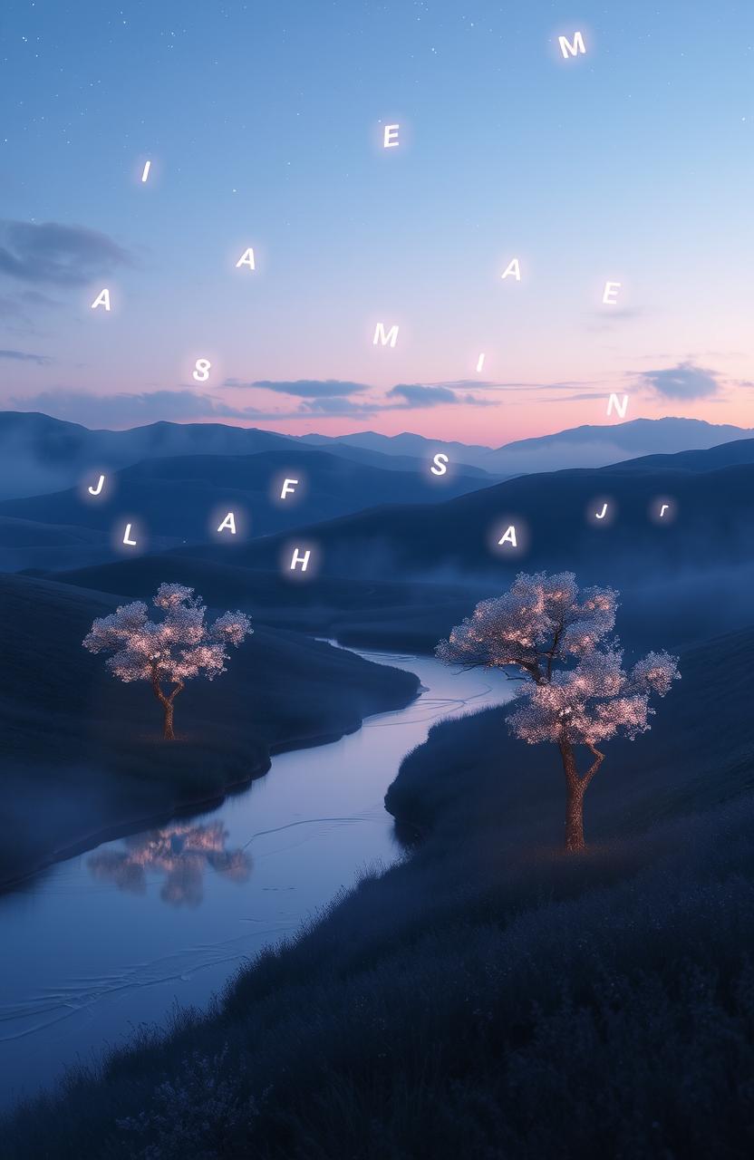 An ethereal, mystical scene depicting a serene landscape with floating letters and symbols softly illuminated in a twilight sky