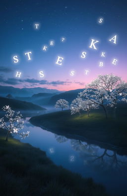 An ethereal, mystical scene depicting a serene landscape with floating letters and symbols softly illuminated in a twilight sky