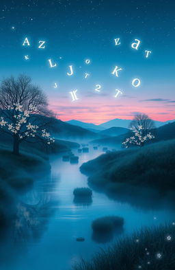 An ethereal, mystical scene depicting a serene landscape with floating letters and symbols softly illuminated in a twilight sky