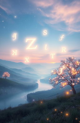 An ethereal, mystical scene depicting a serene landscape with floating letters and symbols softly illuminated in a twilight sky
