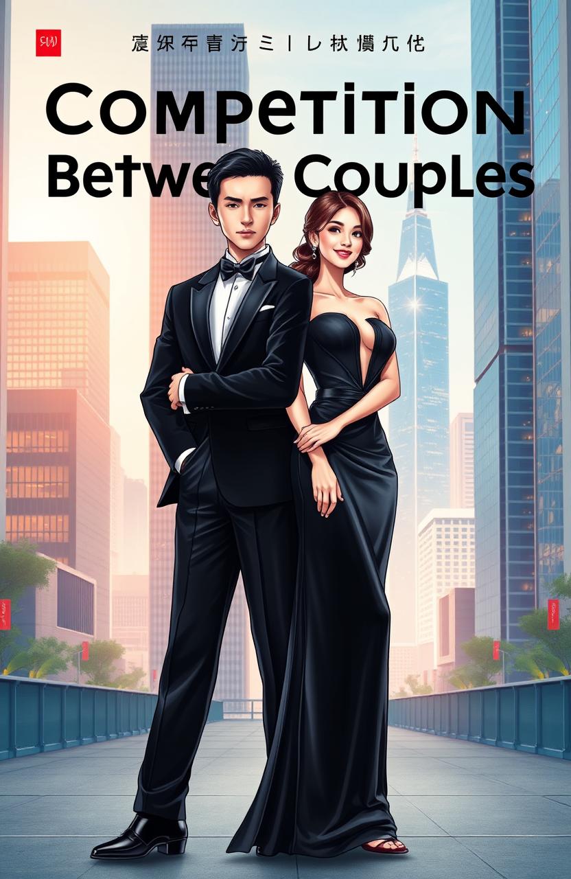 A visually captivating front cover of a manhwa novel titled "Competition Between Couples" featuring a stylish couple dressed in formal attire