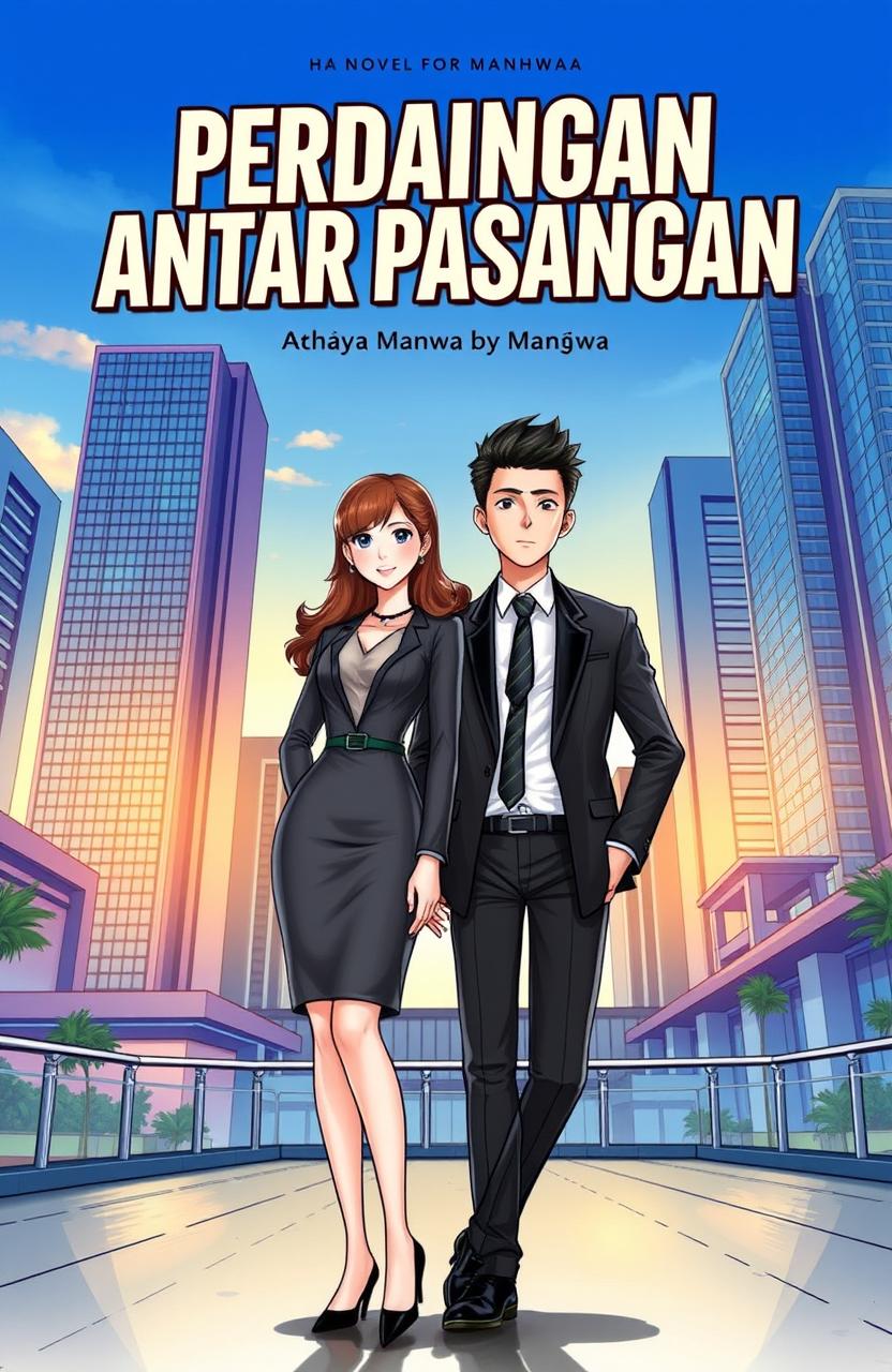 A novel cover for a manhwa titled 'Perdaingan Antar Pasangan', featuring a couple in formal attire
