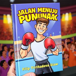 A vibrant and captivating book cover in a cartoon style, featuring a male boxer in an action pose, proudly wearing his boxing gloves