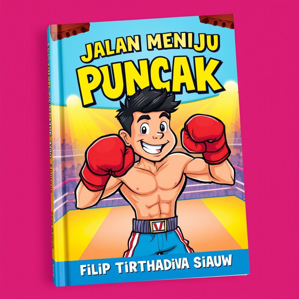 A vibrant and captivating book cover in a cartoon style, featuring a male boxer in an action pose, proudly wearing his boxing gloves