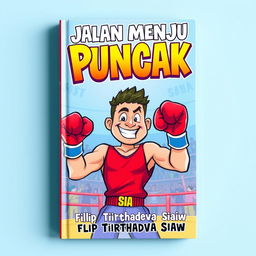 A vibrant and captivating book cover in a cartoon style, featuring a male boxer in an action pose, proudly wearing his boxing gloves